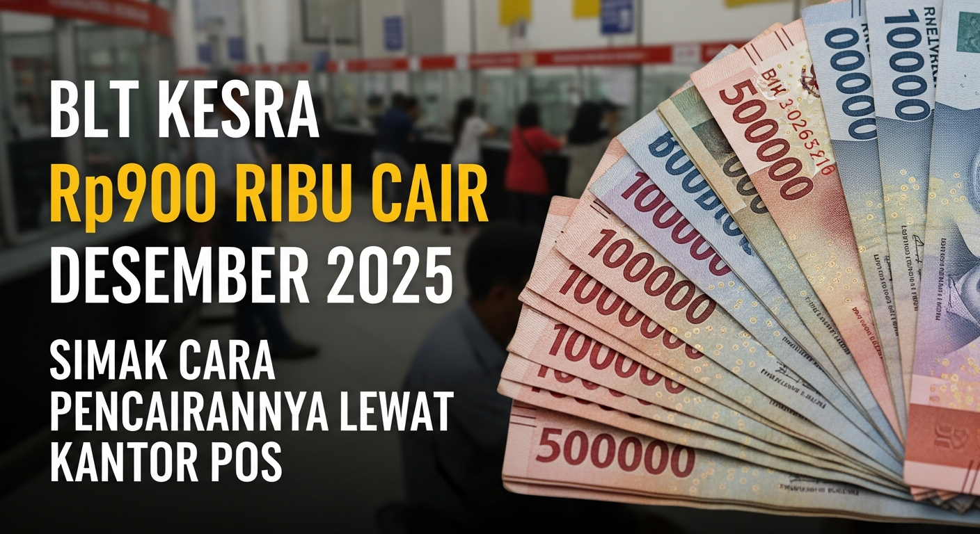 buatkan gambar thumbnail BLTS Kesra Rp900 Ribu Cair Desember 2025, Simak Cara Pencairannya Lewat Kantor Pos